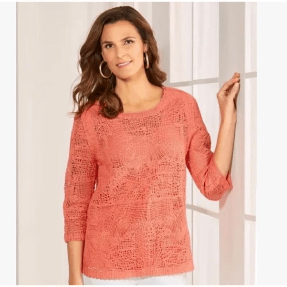 Soft Surroundings Blouse Top Medium Leticia Crochet Boat‎ Neck 3/4 Sleeve Orange